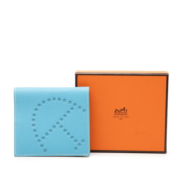 Hermes Evelyne Billfold Bifold Wallet Celeste Blue Chevre Mysore Women's HERMES